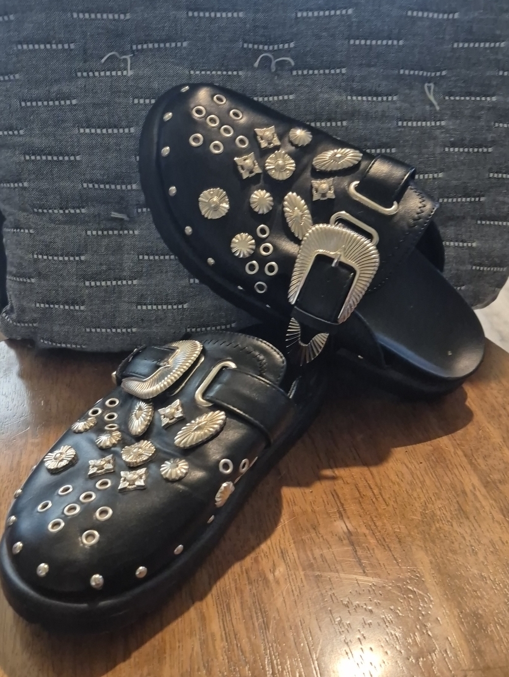 Black Studded Leather Slide Clogs with Silver Buckles 42 sz 9